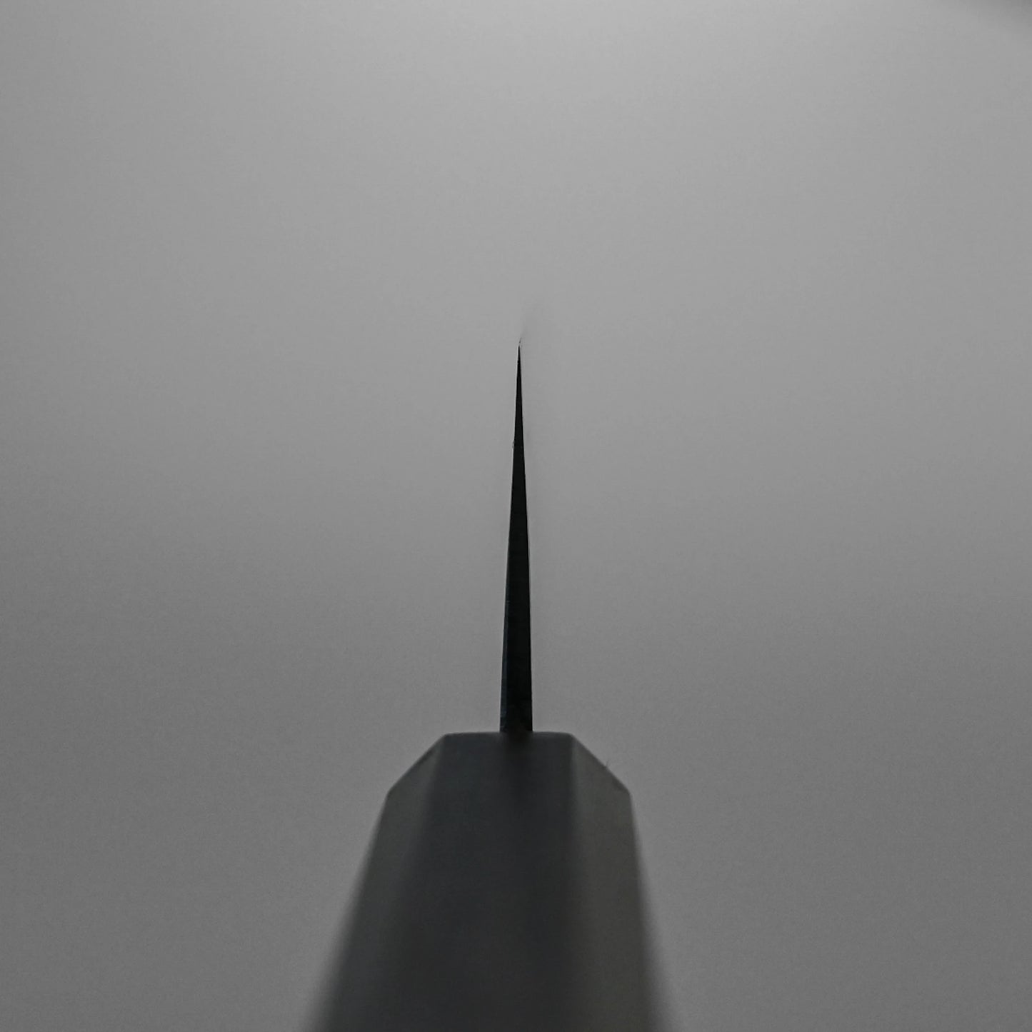 Close-up, head-on view of the Hatsukokoro damascus aogami#2 santoku 165mm blade against a light gray background, highlighting its thinness and sharp pointed edge.