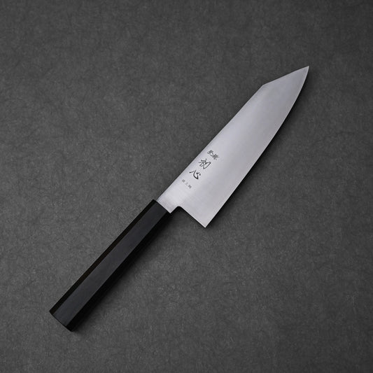 Bunka knife made with ginsan stainless steel; shown in angled orientation to highlight the blade profile, pointed tip, engraved kanji characters, and dark octagonal handle.