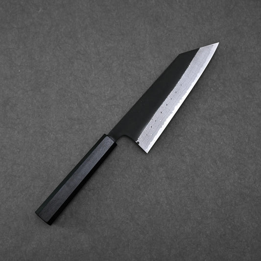 The Hatsukokoro Shinkiro kurouchi damascus AS bunka 170mm (no logo) features a hand-forged Japanese design with a sharp Aogami Super blade and black handle, displayed on a dark textured surface.