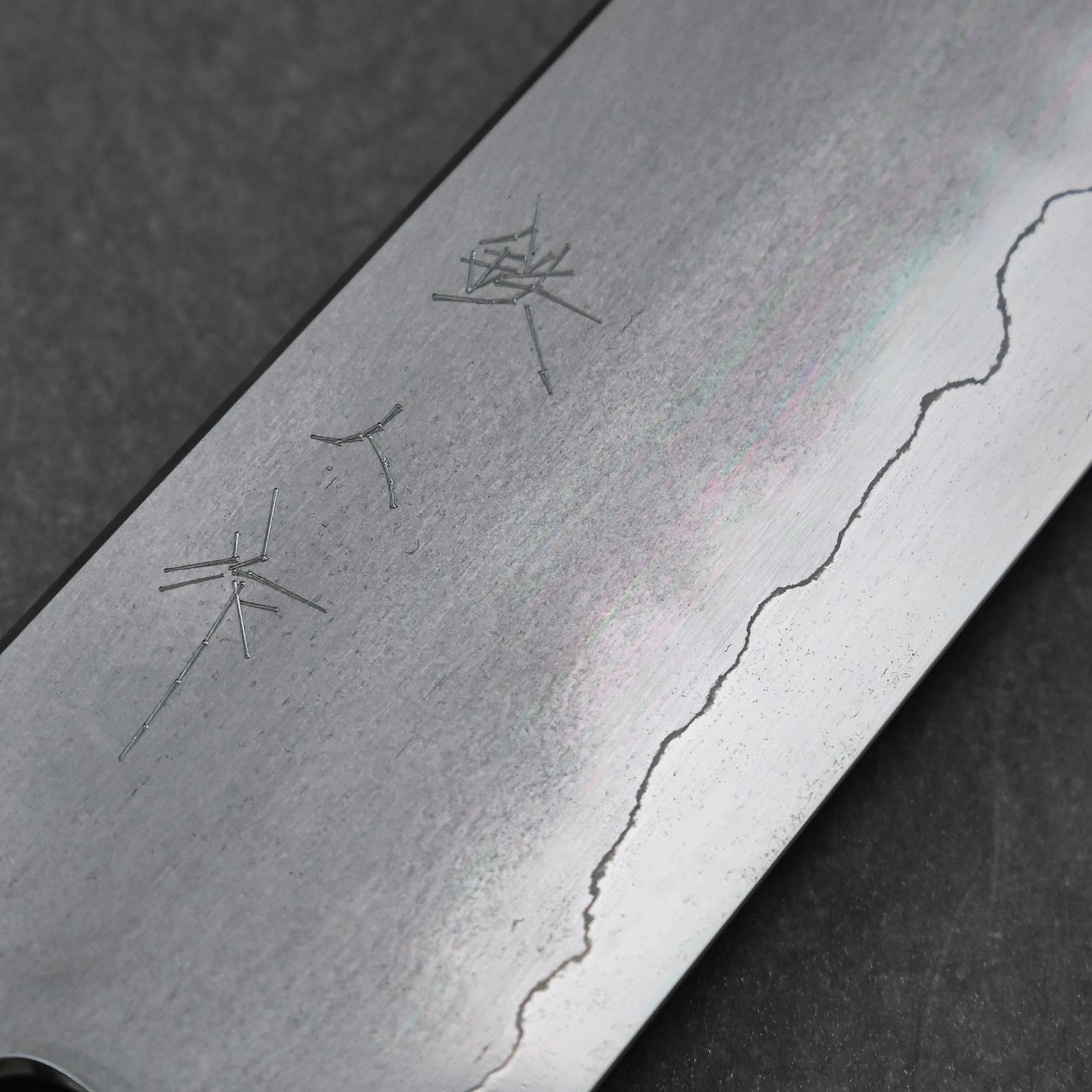 A close-up view of the ginsan stainless steel blade of a gyuto knife. Clearly visible are the engraved kanji characters on the frosted upper portion of the blade, next to the distinct wavy line of the kasumi finish. The polished edge is subtly visible towards the right.