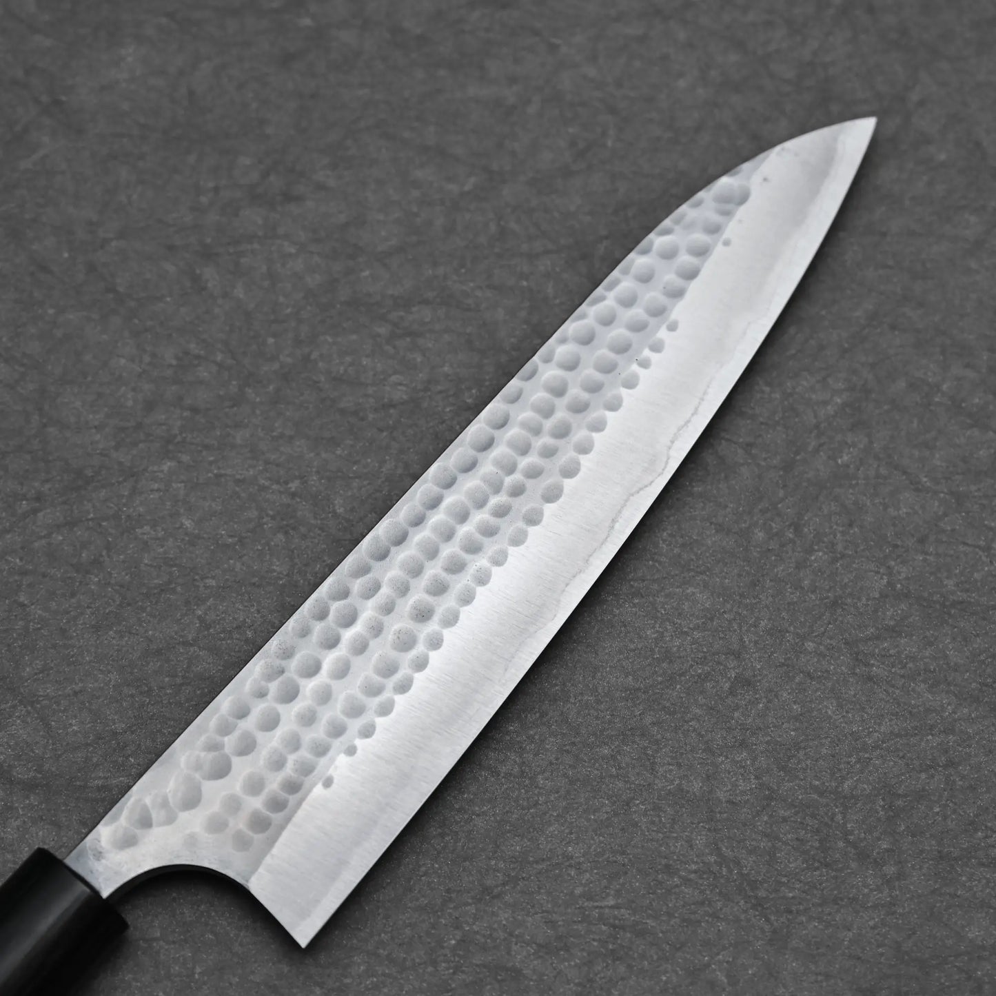 A close-up of an Anryu tsuchime aogami#2 gyuto 210mm chef knife by Anryu, featuring a hammered Aogami #2 carbon steel blade, set against a textured gray background. The handle is partially visible on the left side.