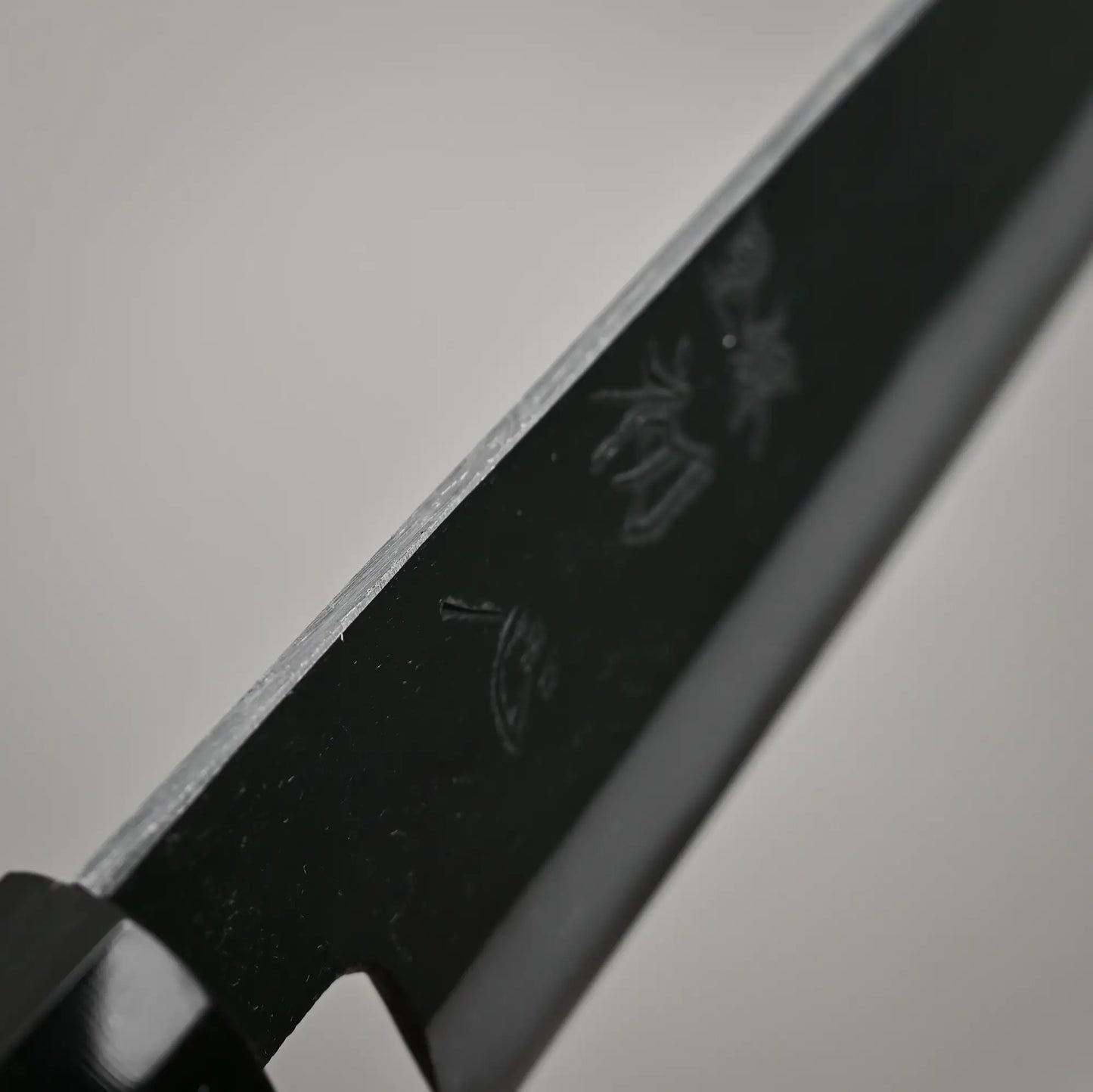 Close-up view of the spine of Hatsukokoro Aosagi kurouchi aogami#2 gyuto knife 210mm