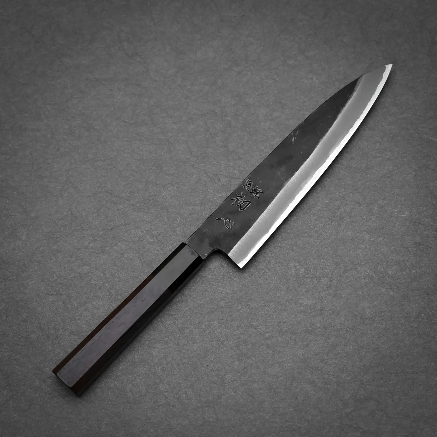 Hatsukokoro Aosagi kurouchi aogami#2 gyuto knife 210mm showing full profile with handle