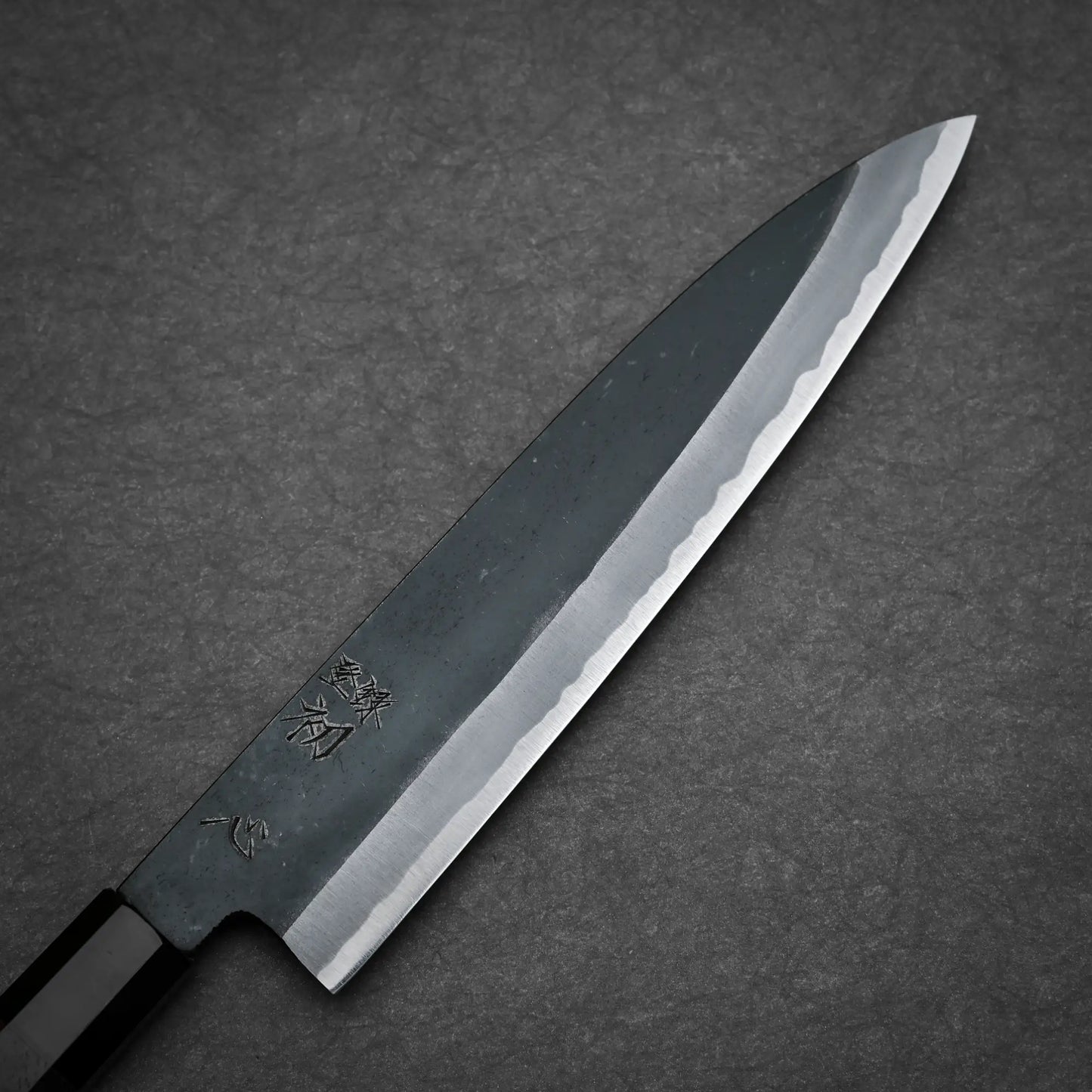 240mm Hatsukokoro Aosagi kurouchi aogami#2 gyuto kniferight side view showing kurouchi finish and maker's mark