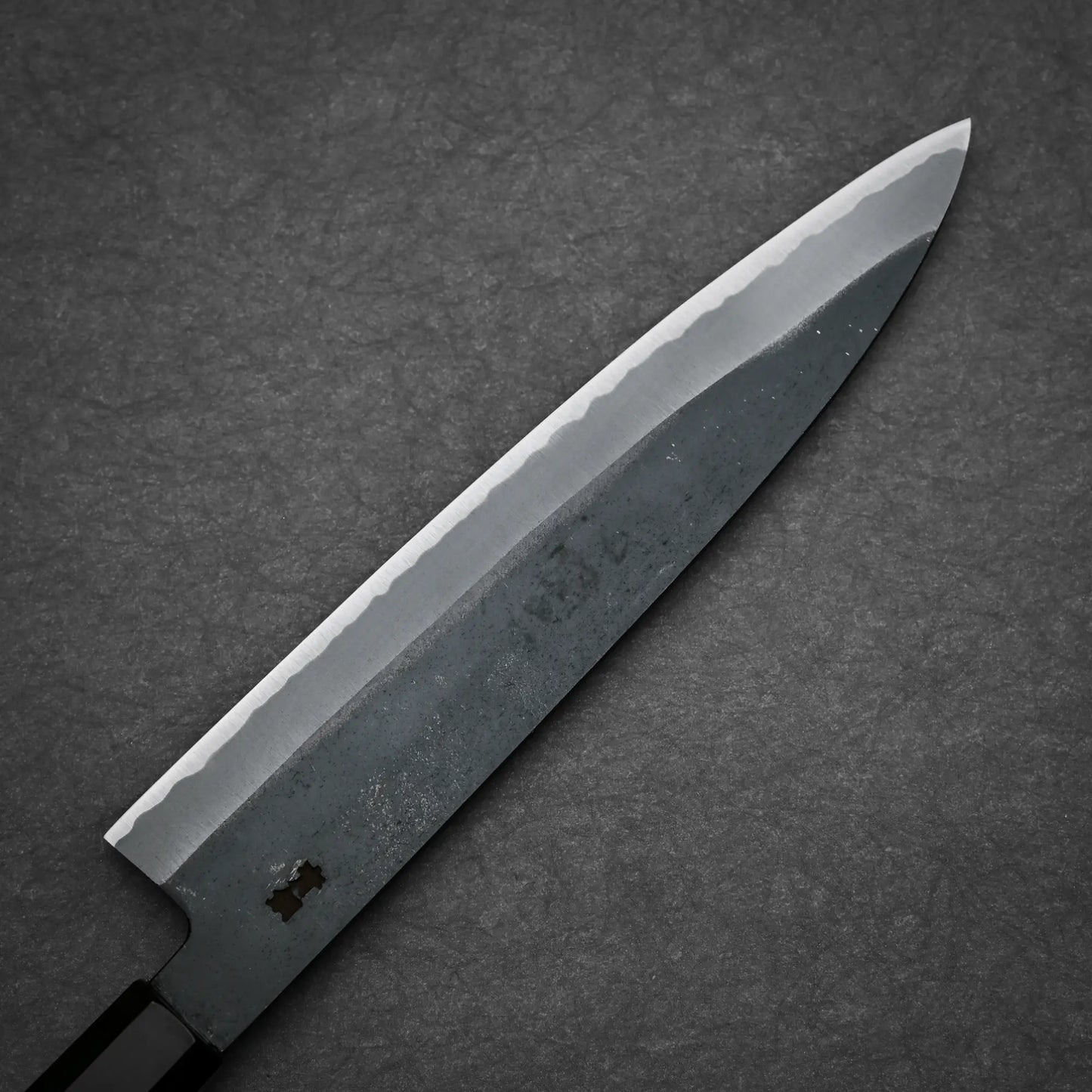 240mm Hatsukokoro Aosagi kurouchi aogami#2 gyuto knife left side view showing kurouchi finish and kanji of steel