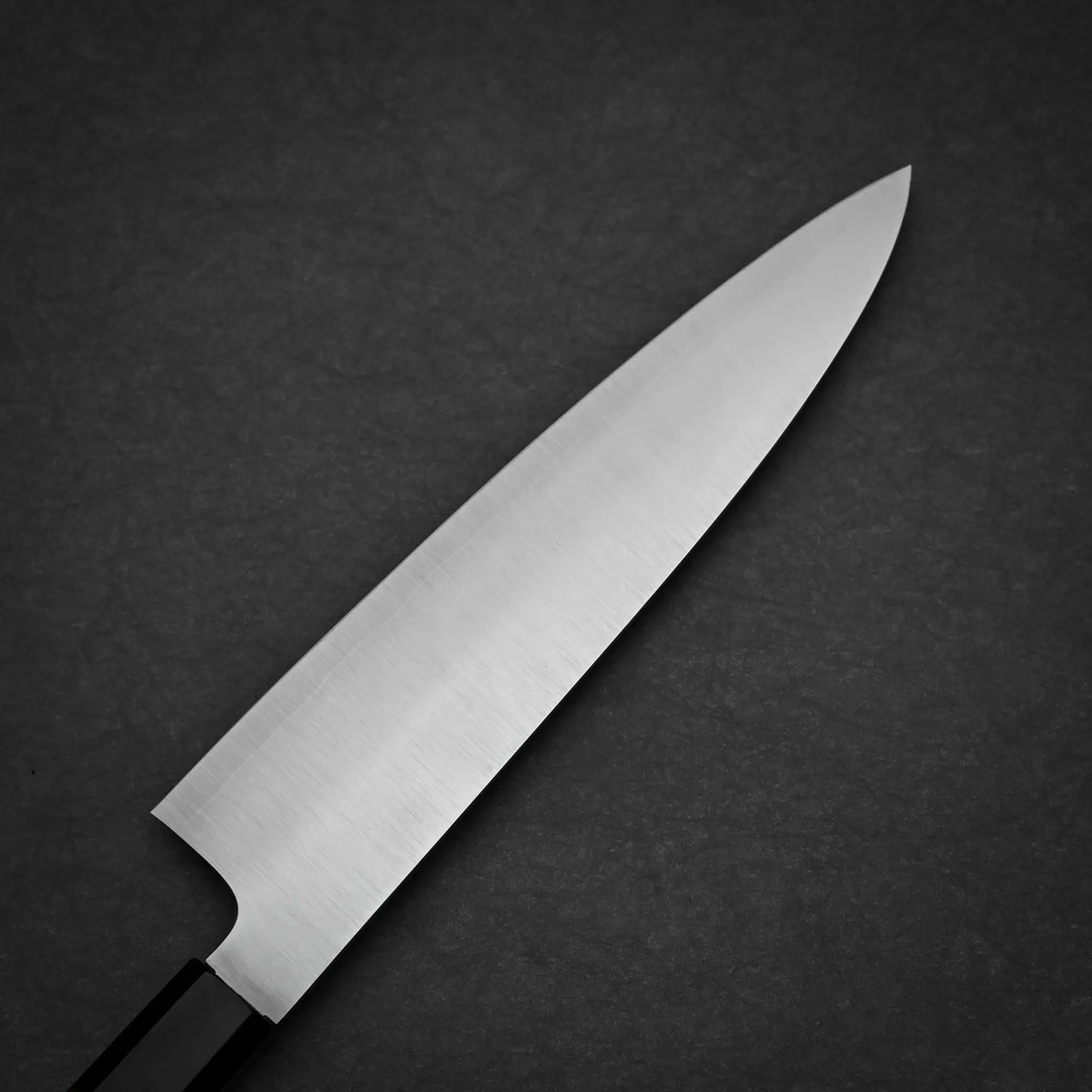210mm Hatsukokoro FAXR2 gyuto knife left side view showing migaki finish