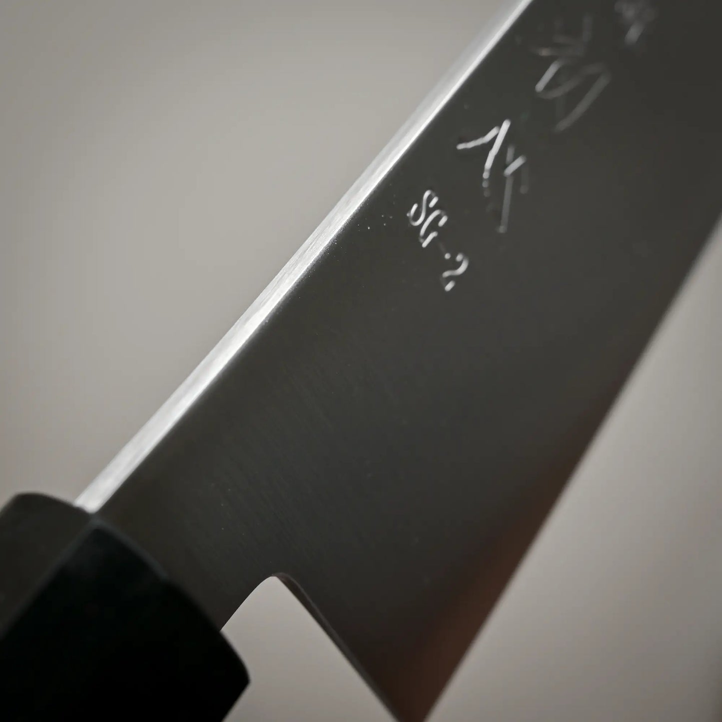 Close-up view of the spine of 210mm Hatsukokoro Hayabusa SG2 gyuto knife