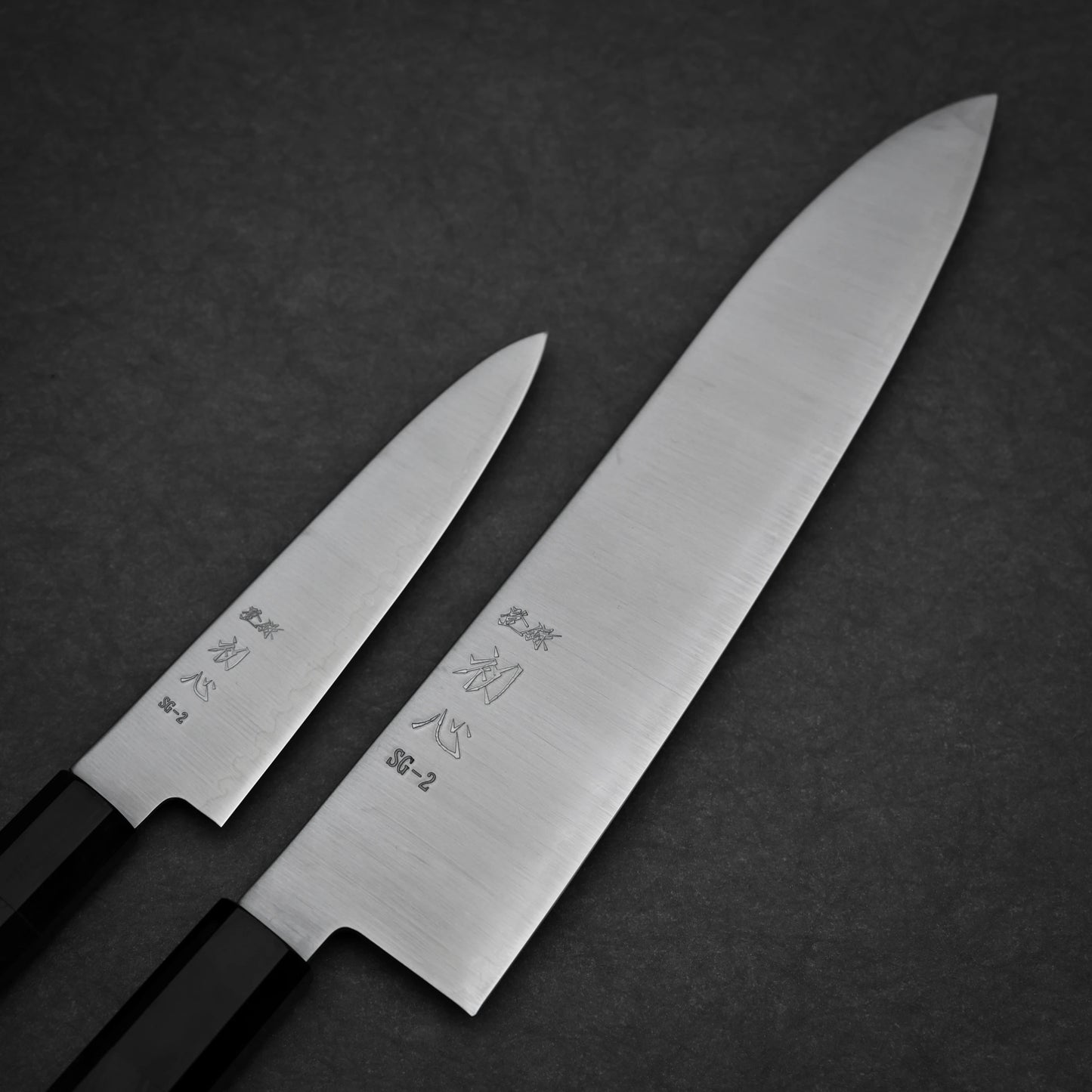 Hatsukokoro Hayabusa SG2 gyuto and petty knife set showing primary side view