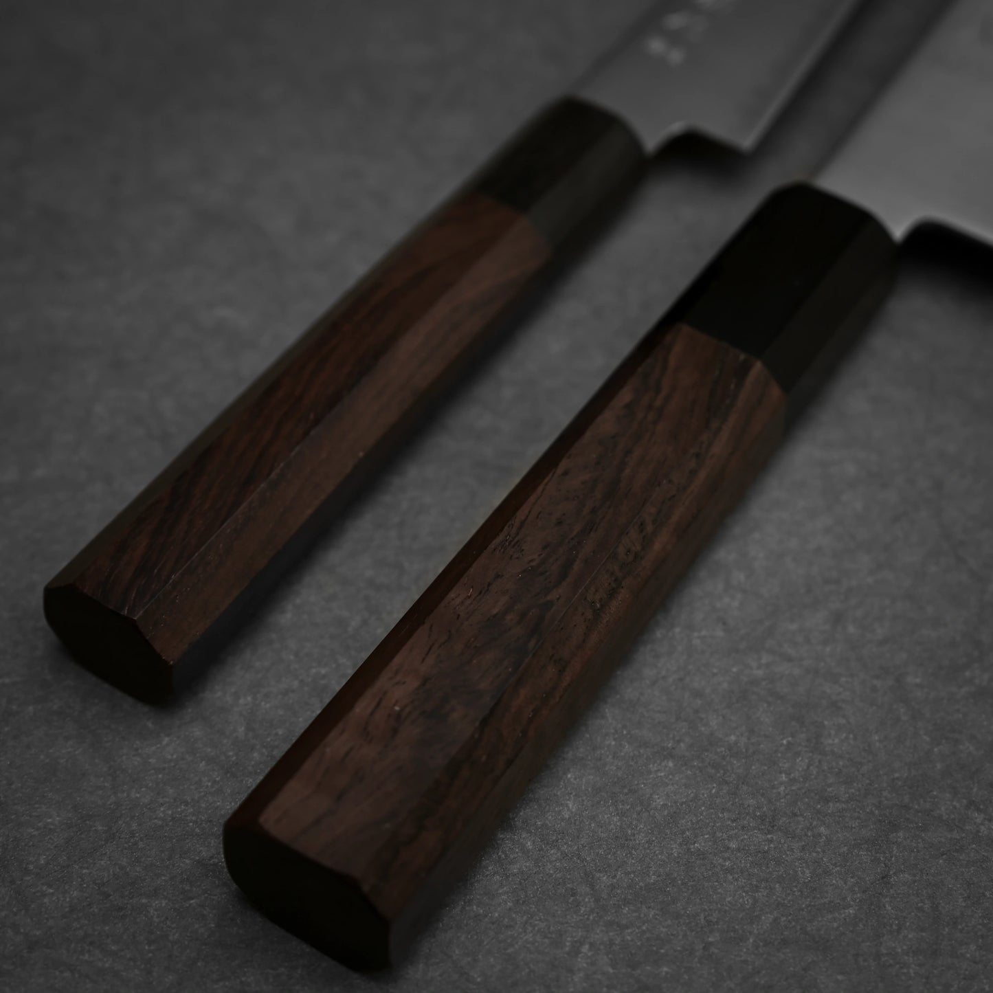 Close-up of the handle of Hatsukokoro Hayabusa SG2 gyuto and petty knife set