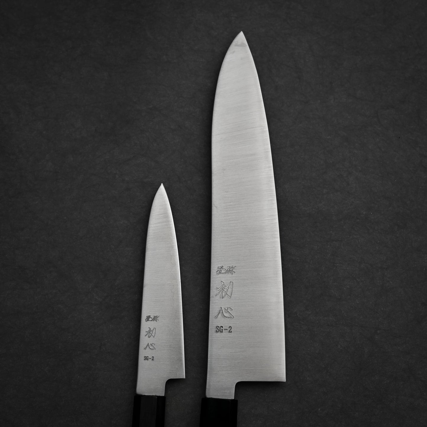 Hatsukokoro Hayabusa SG2 gyuto and petty knife set showing blade from tip to handle