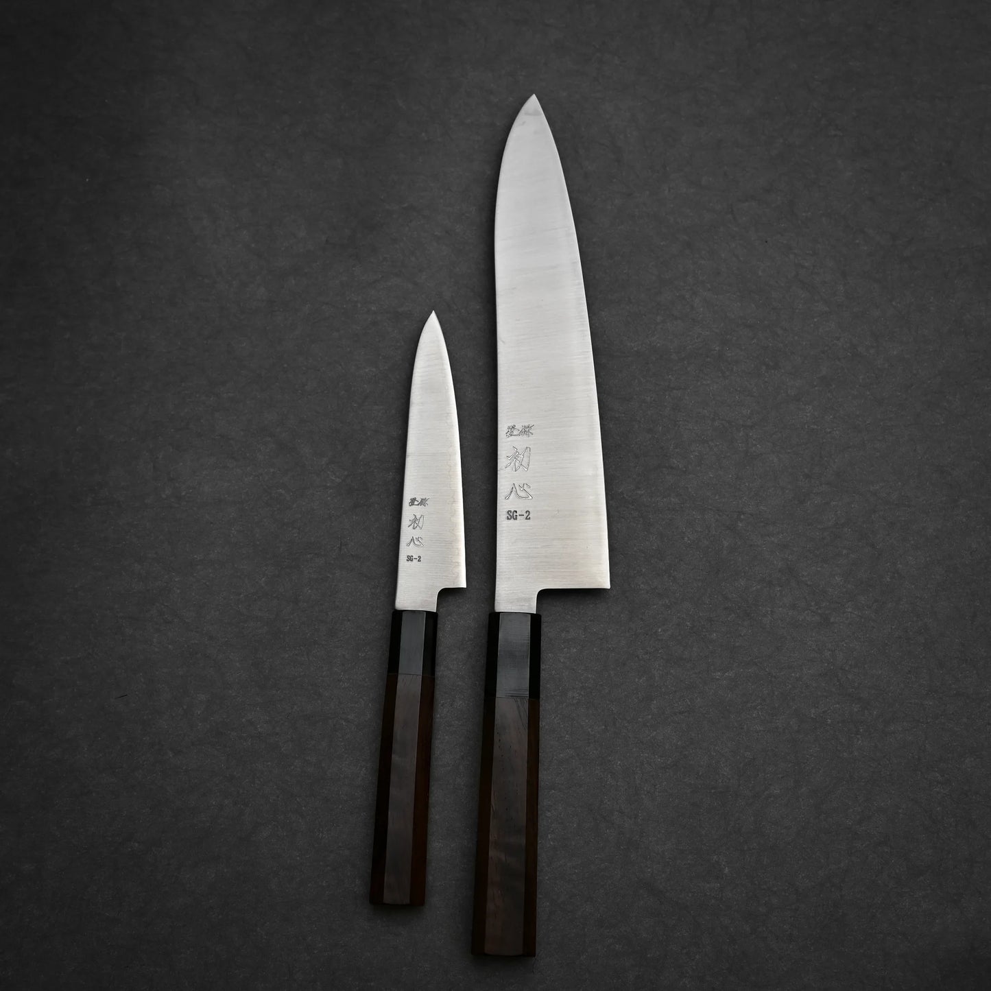 Hatsukokoro Hayabusa SG2 gyuto and petty knife set presenting full blade outline