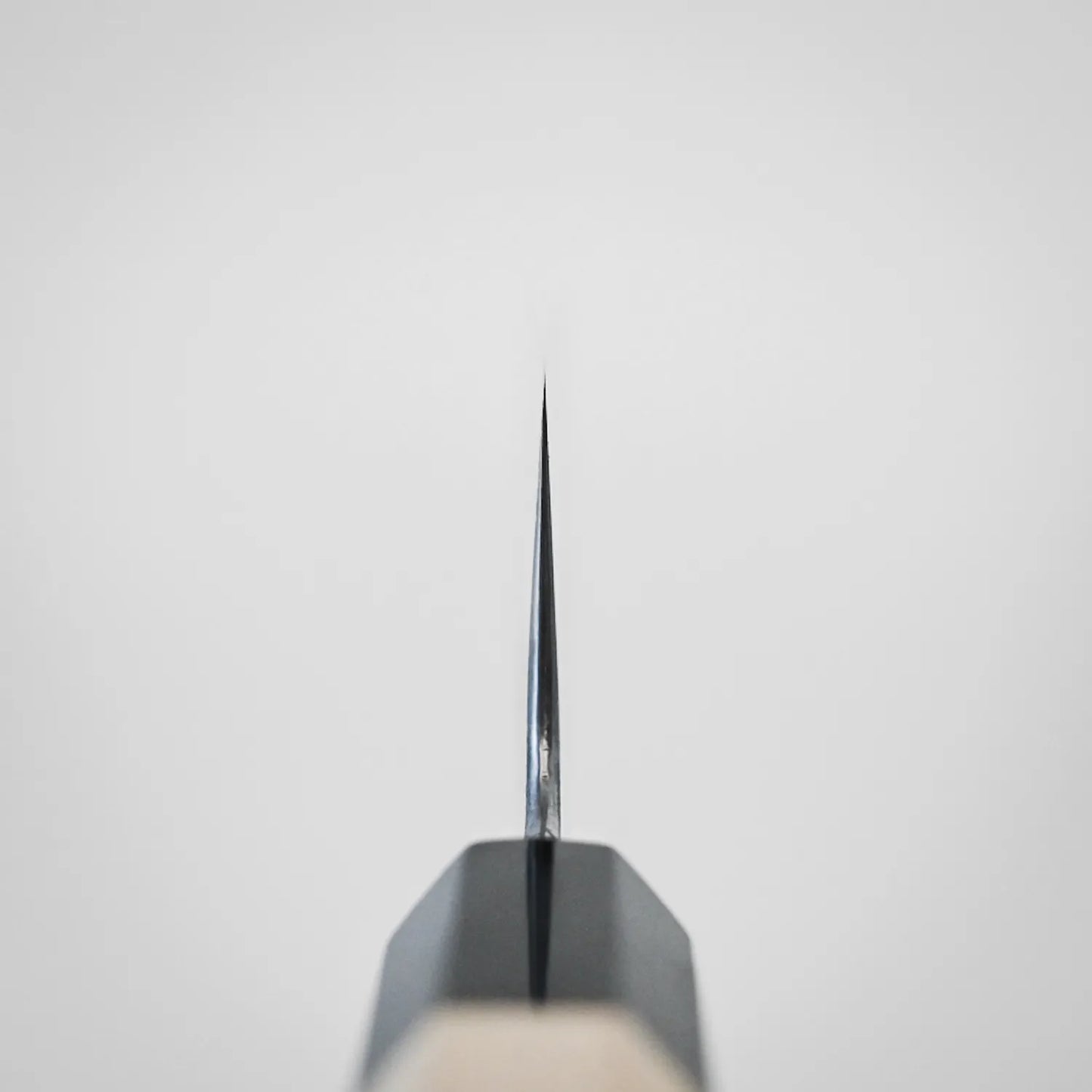 Close-up of the tip of the Yoshikazu Tanaka Ittosai Kotetsu Gokujo kurouchi shirogami#1 gyuto 210mm, photographed from above with the blade vertical against a plain white background.