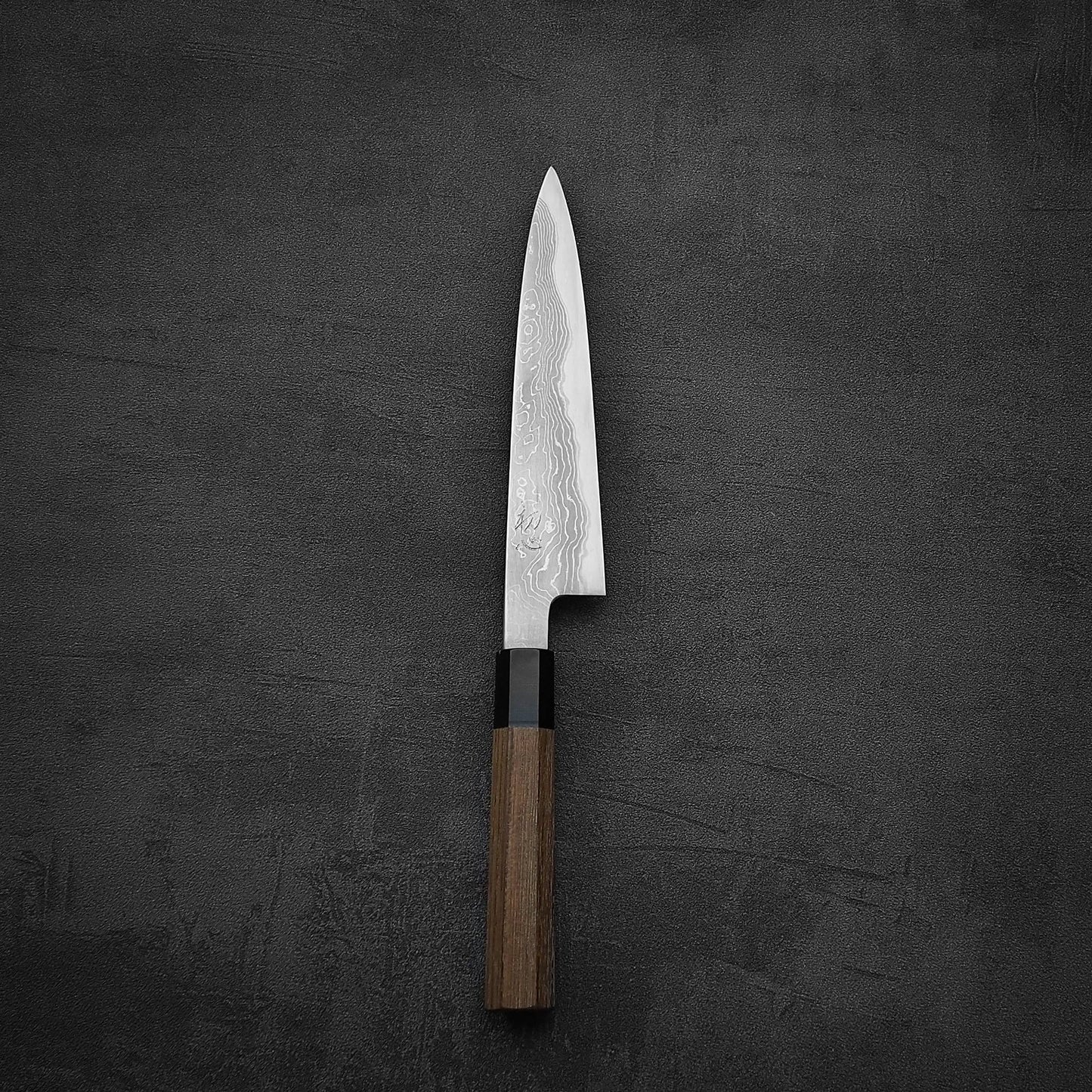 Top down view of Hatsukokoro Komorebi damascus aogami#1 petty knife