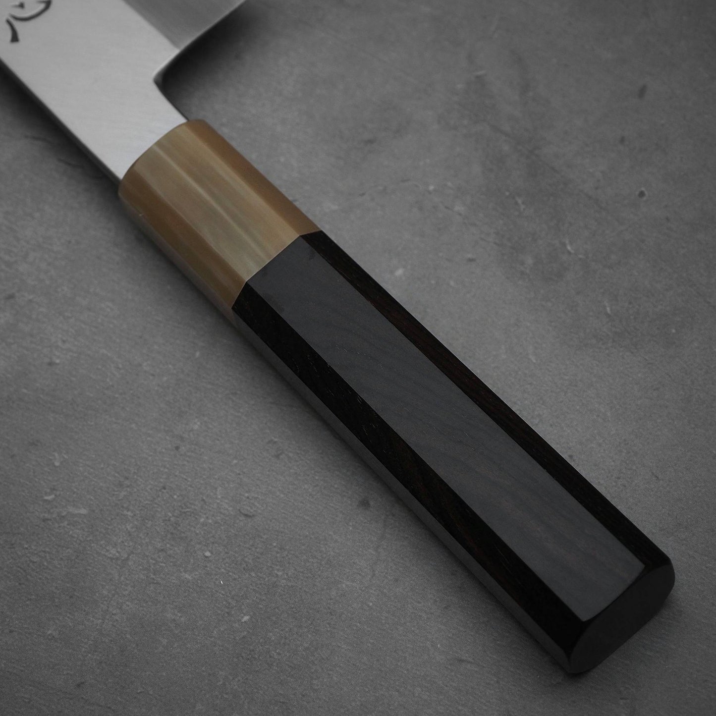 Close up view of the handle of Nakagawa bunka with aogami#1 steel. This Japanese knife is sharpened by Morihiro hamono.