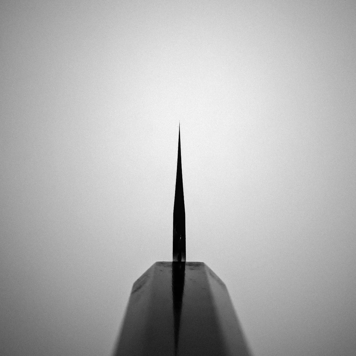 Close-up of a sharp Nakagawa aogami#1 damascus santoku 180mm by Satoshi Nakagawa, shot from the tip and centered against a plain light background. The precise edge evokes a pencil point, with the blade in focus and handle softly blurred.
