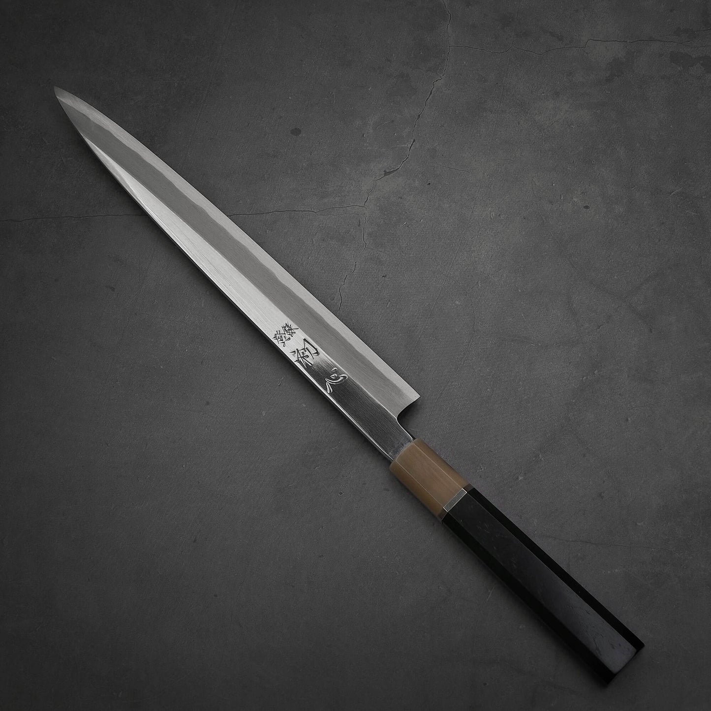 Top down view of Nakagawa yanagiba with aogami#1 steel. This sushi knife is sharpened by Morihiro hamono.