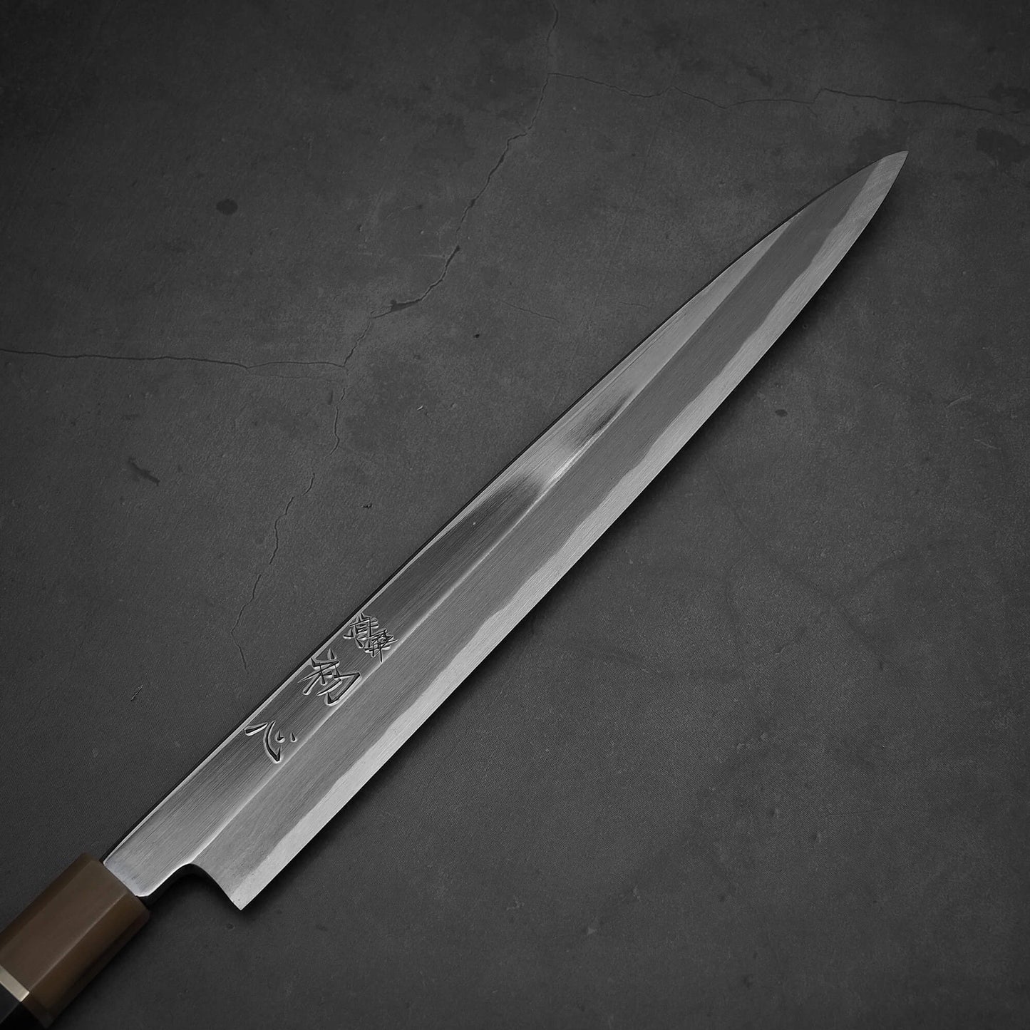 Close up view of Nakagawa yanagiba with aogami#1 steel. This sushi knife is sharpened by Morihiro hamono.