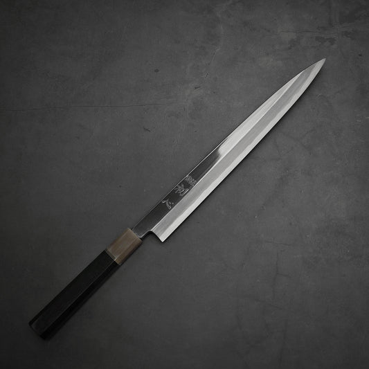 Top down view of Nakagawa 300mm yanagiba with aogami#1 steel. This sushi knife is sharpened by Morihiro hamono.