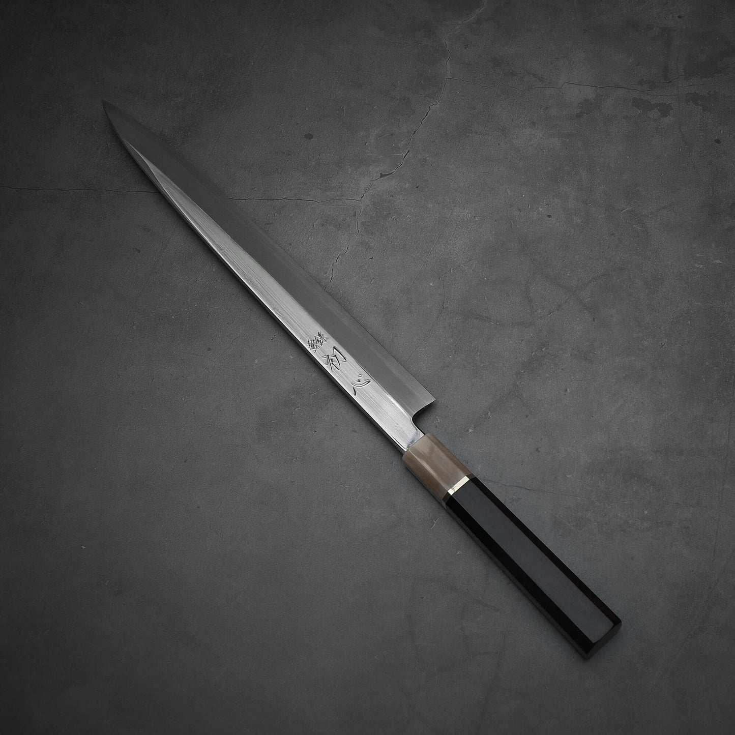 Top down view of Nakagawa 300mm yanagiba with aogami#1 steel. This sushi knife is sharpened by Morihiro hamono.