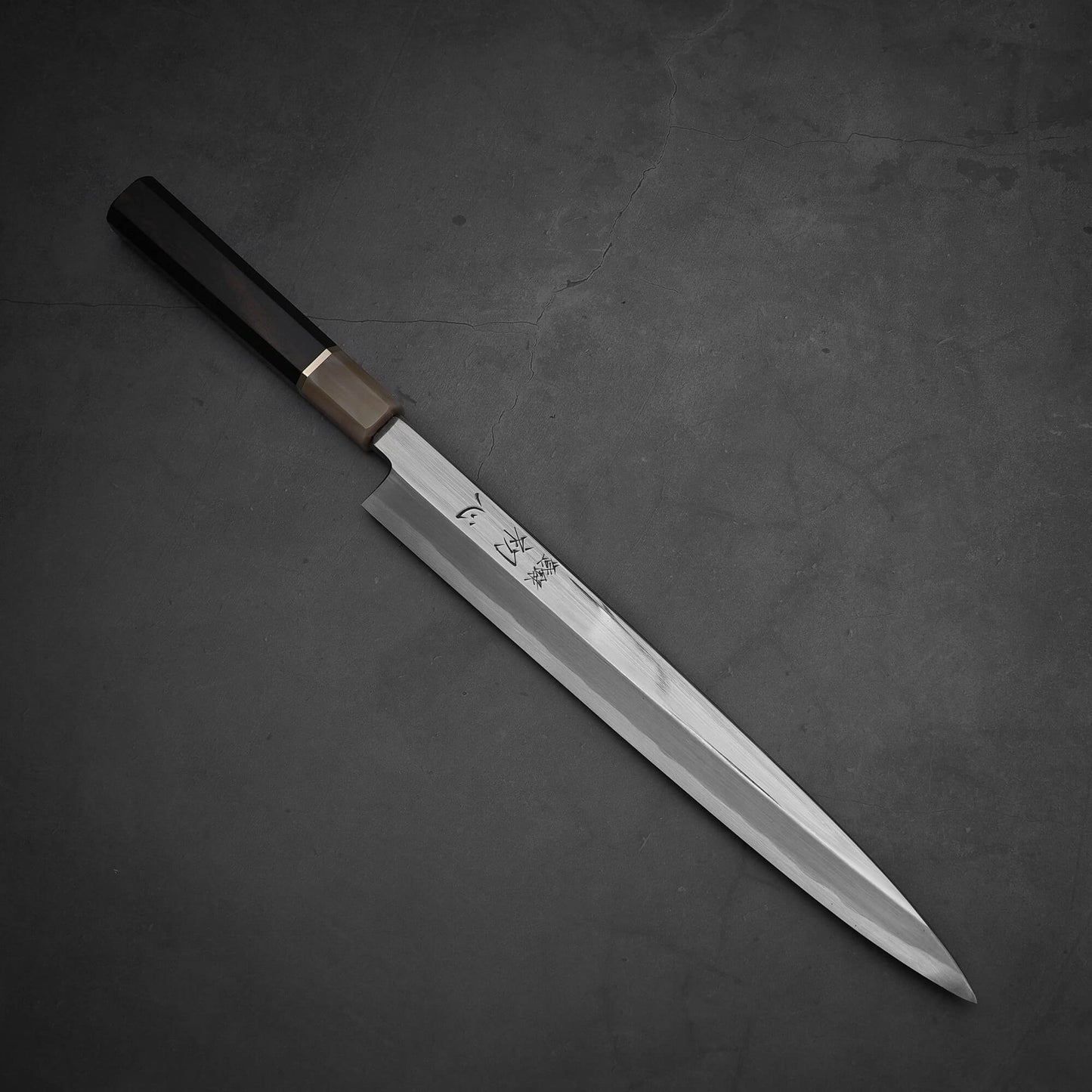 Top down view of Nakagawa 300mm yanagiba with aogami#1 steel. This sushi knife is sharpened by Morihiro hamono.