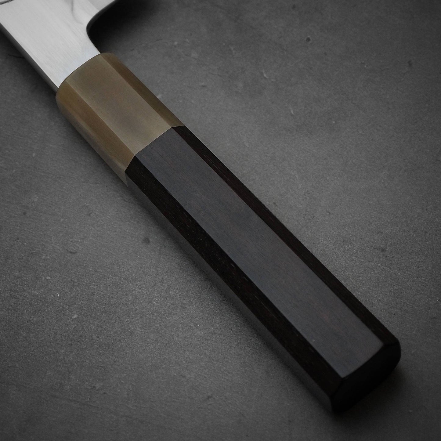 Close up view of the handle of Nakagawa shirogami#3 honyaki bunka. This Japanese knife is sharpened by Morihiro hamono.