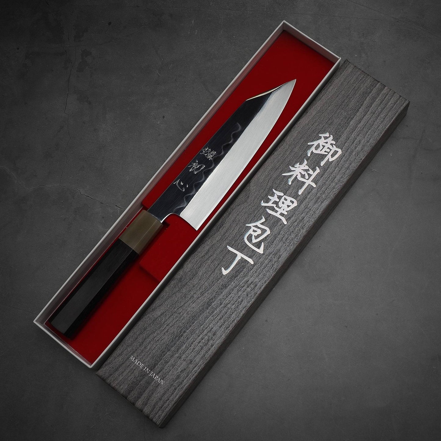 Top down view of Nakagawa shirogami#3 honyaki bunka. This Japanese knife is sharpened by Morihiro hamono. Knife is inside its box