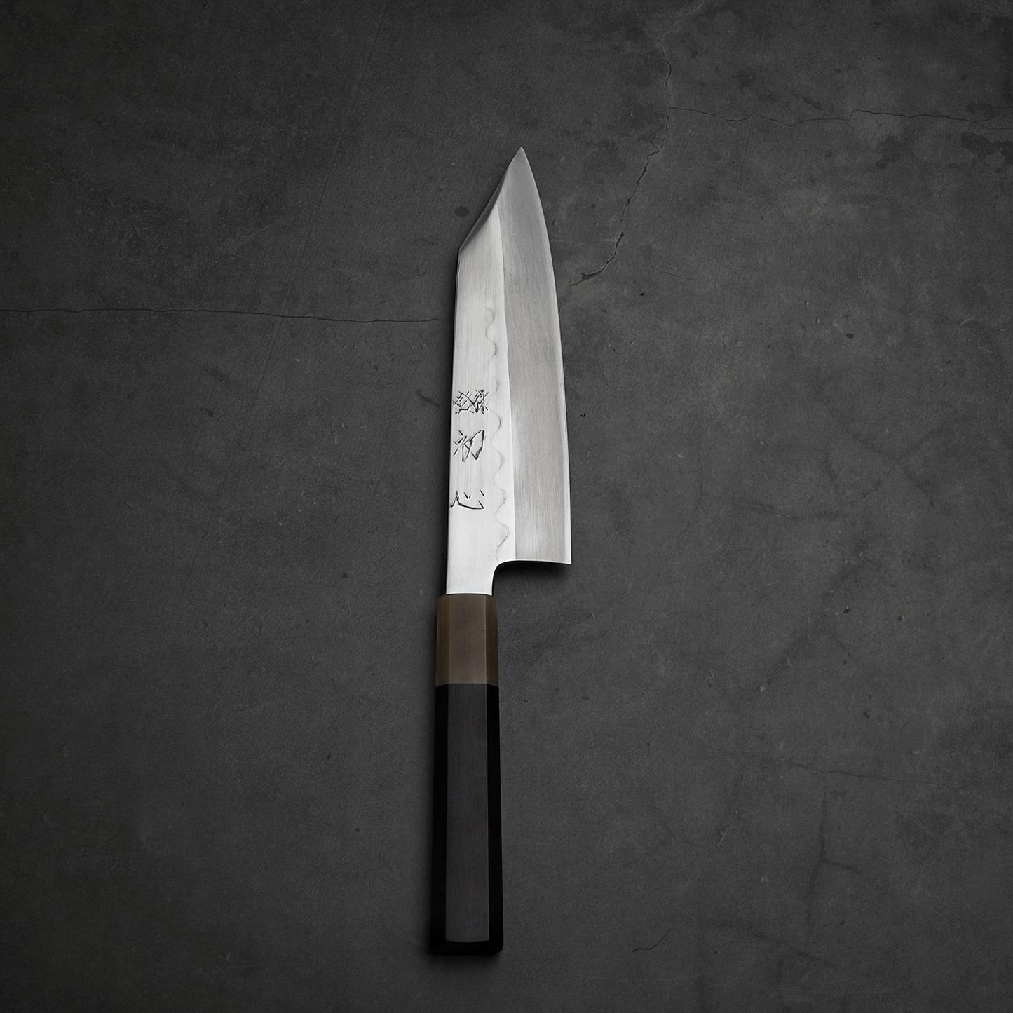 Top down view of Nakagawa shirogami#3 honyaki bunka. This Japanese knife is sharpened by Morihiro hamono.