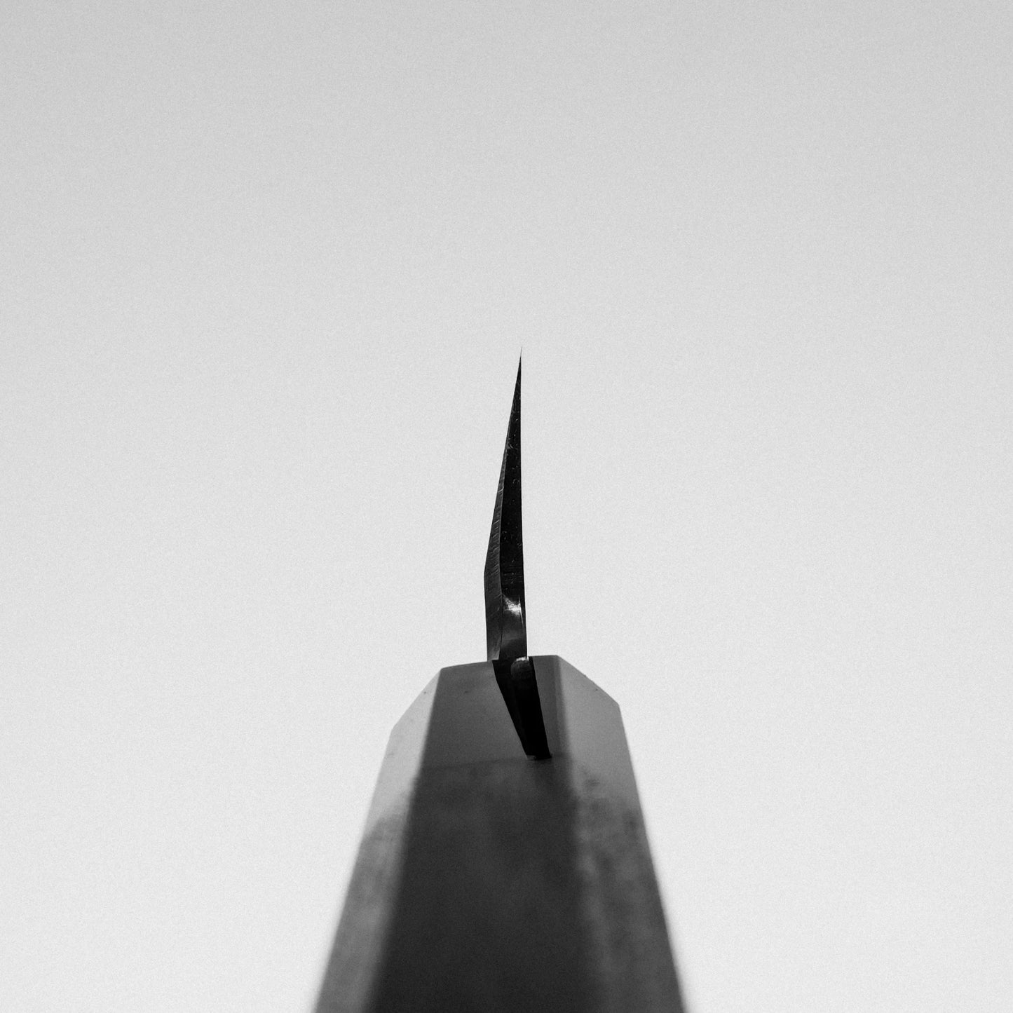 A close-up, low-angle shot of the Hatsukokoro Shirasagi shirogami#2 single bevel kiritsuke gyuto 180mm knife tip pointed upward against a plain, light background, captured in black and white.