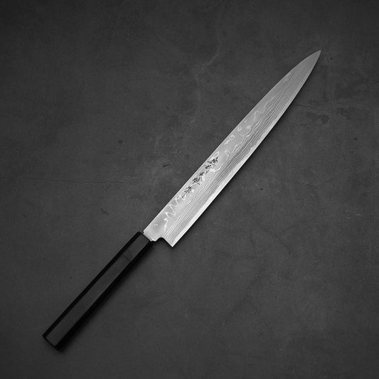 Top view of Hideo Kitaoka damascus shirogami#2 yanagiba 270mm