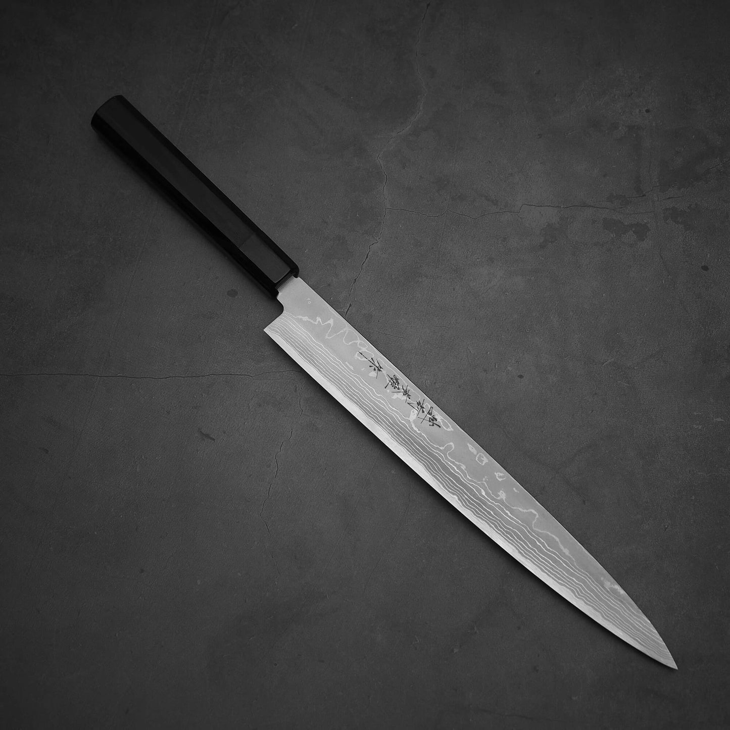 Top view of Hideo Kitaoka damascus shirogami#2 yanagiba 270mm in diagonal position