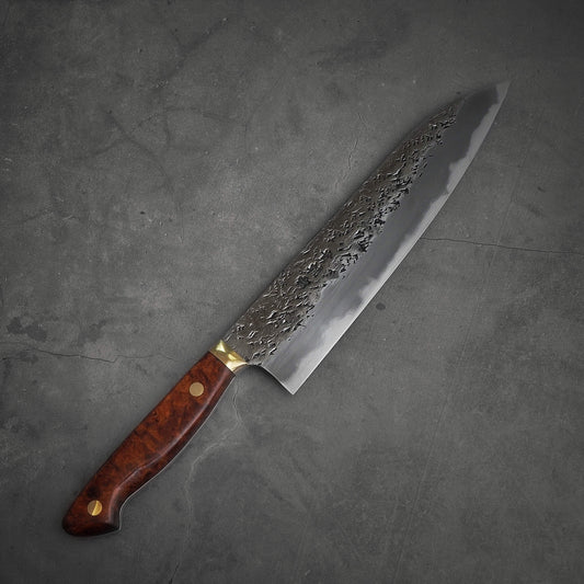 Top view of 240mm Kisuke Manaka tsuchime honwarikomi shirogami#2 gyuto knife