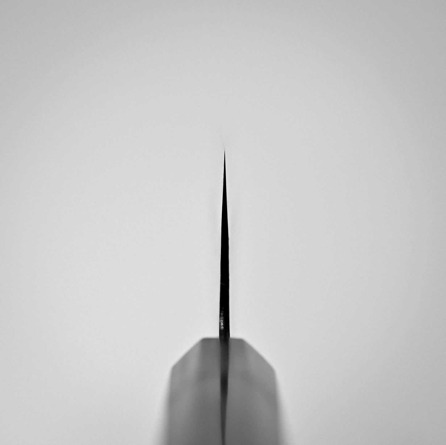 A close-up, top-down view of the Hinoura kurouchi nashiji AS (stainless clad) kiritsuke gyuto 210mm knife tip, showcasing its sharp Aogami Super steel edge against a plain, light background with the blade centered vertically.