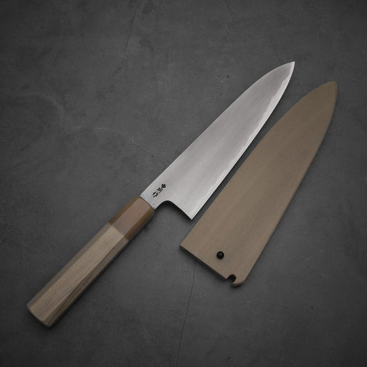 Top view of Nakagawa aogami#2 gyuto knife with custom magnolia saya