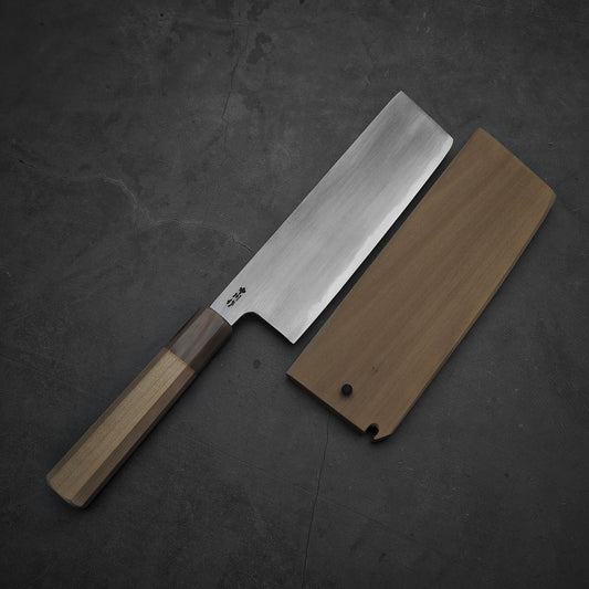 Top view of Nakagawa aogami#2 nakiri knife with the custom magnolia saya