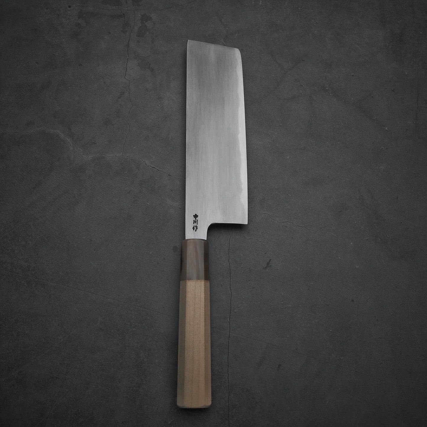 Top view of Nakagawa aogami#2 nakiri knife in vertical position