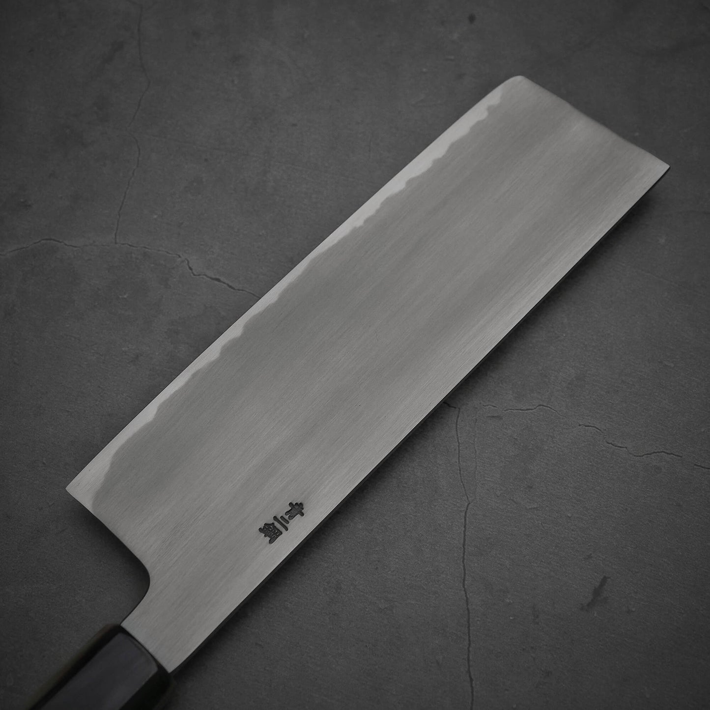 Top view of the left side of the Nakagawa aogami#2 nakiri knife