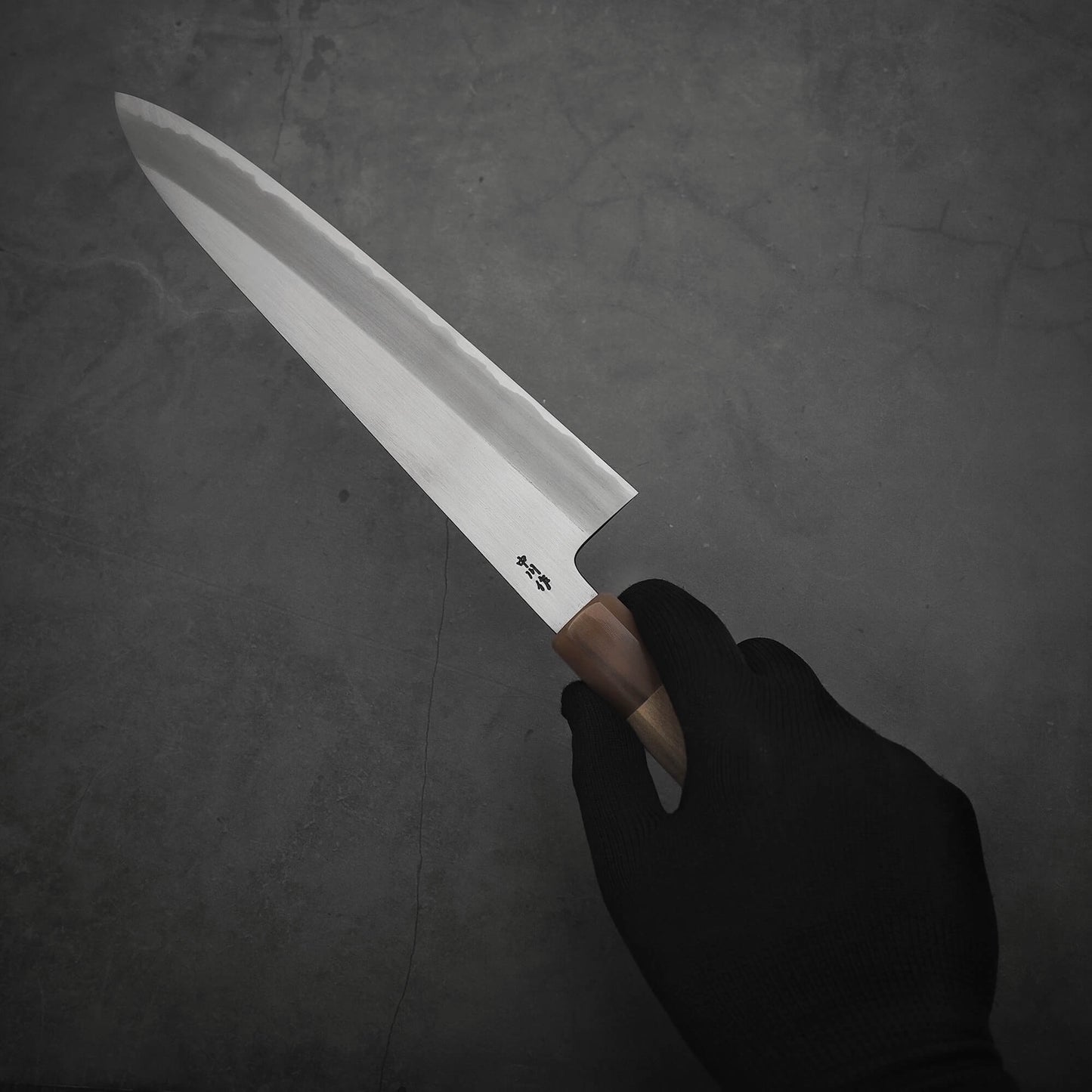 Right hand holding a Nakagawa shinogi aogami#2 gyuto knife