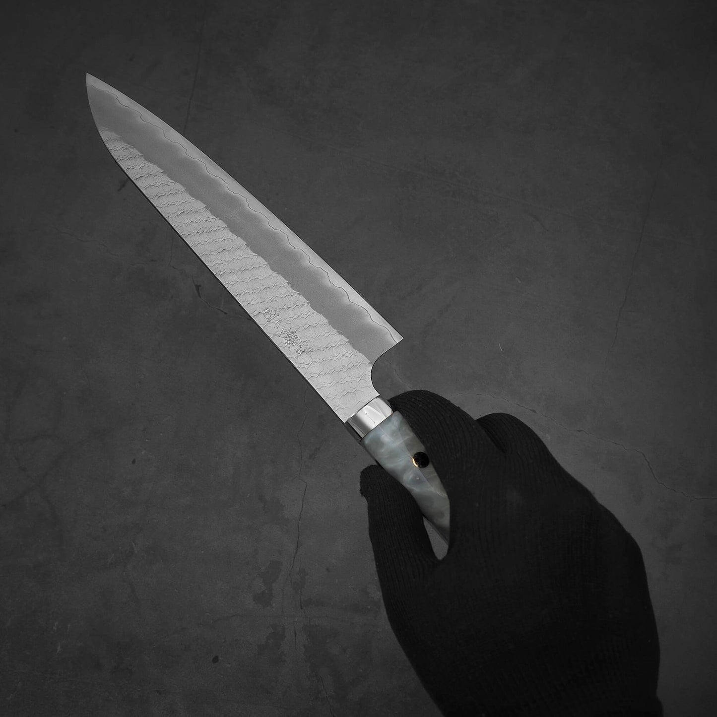 Hand holding 210mm Nigara tsuchime SG2 gyuto knife with pearl handle resin