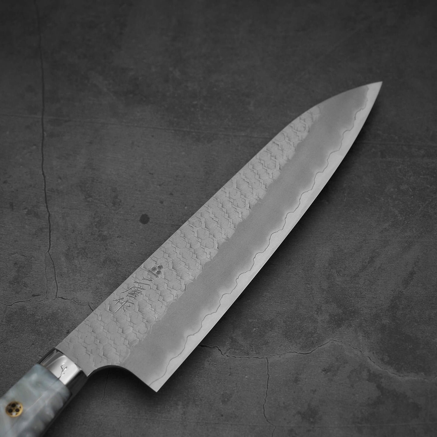 Blade view of 210mm Nigara tsuchime SG2 gyuto knife with pearl handle resin