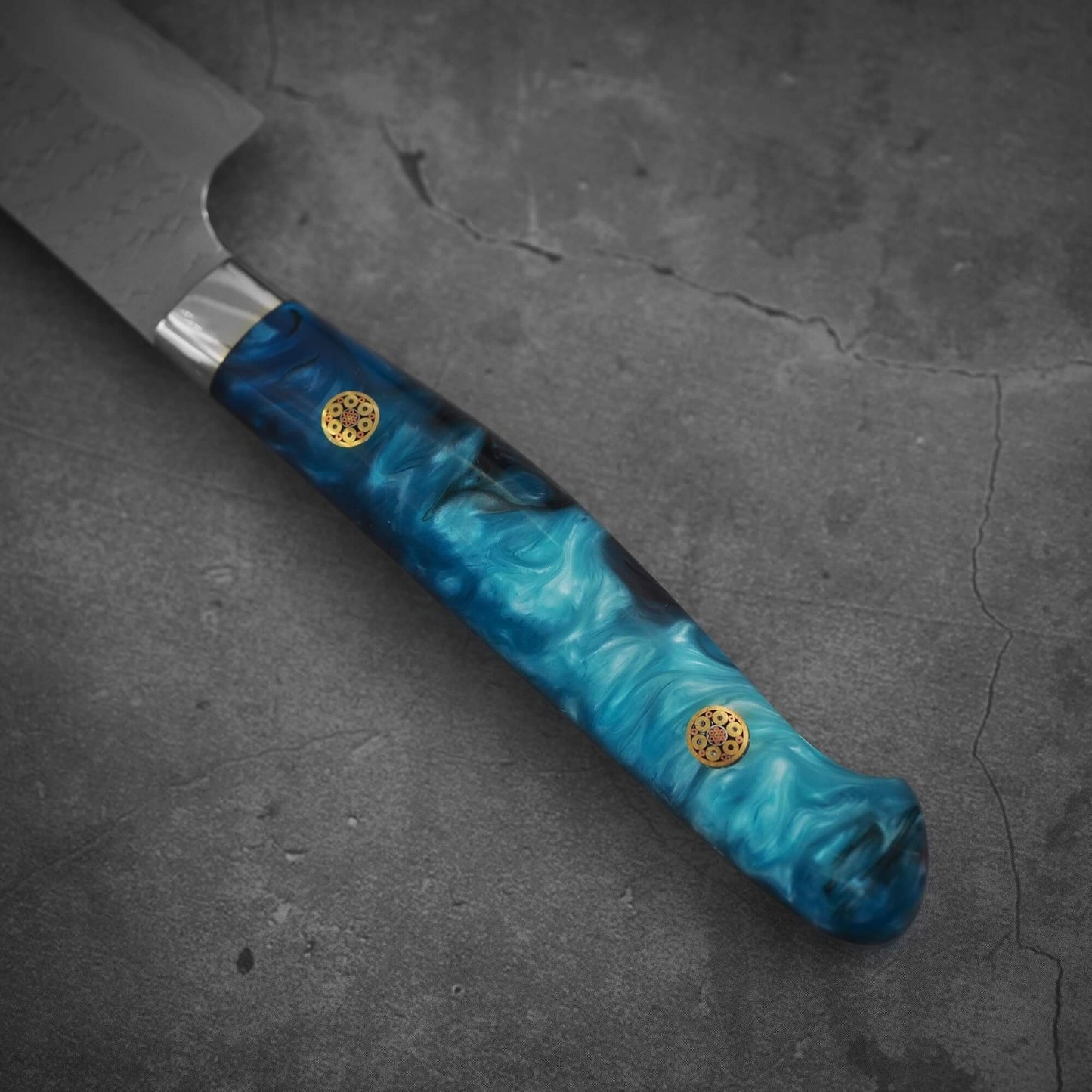 Close up view of Nigara tsuchime SG2 kiritsuke petty knife 150mm in diagonal posittion