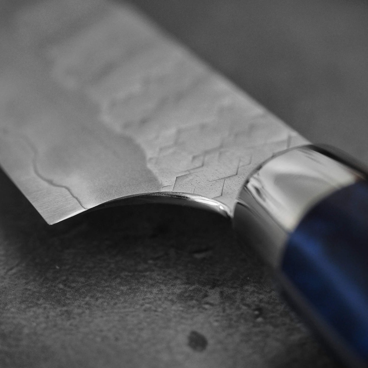 Close up view of the choil of Nigara tsuchime SG2 petty knife 150mm