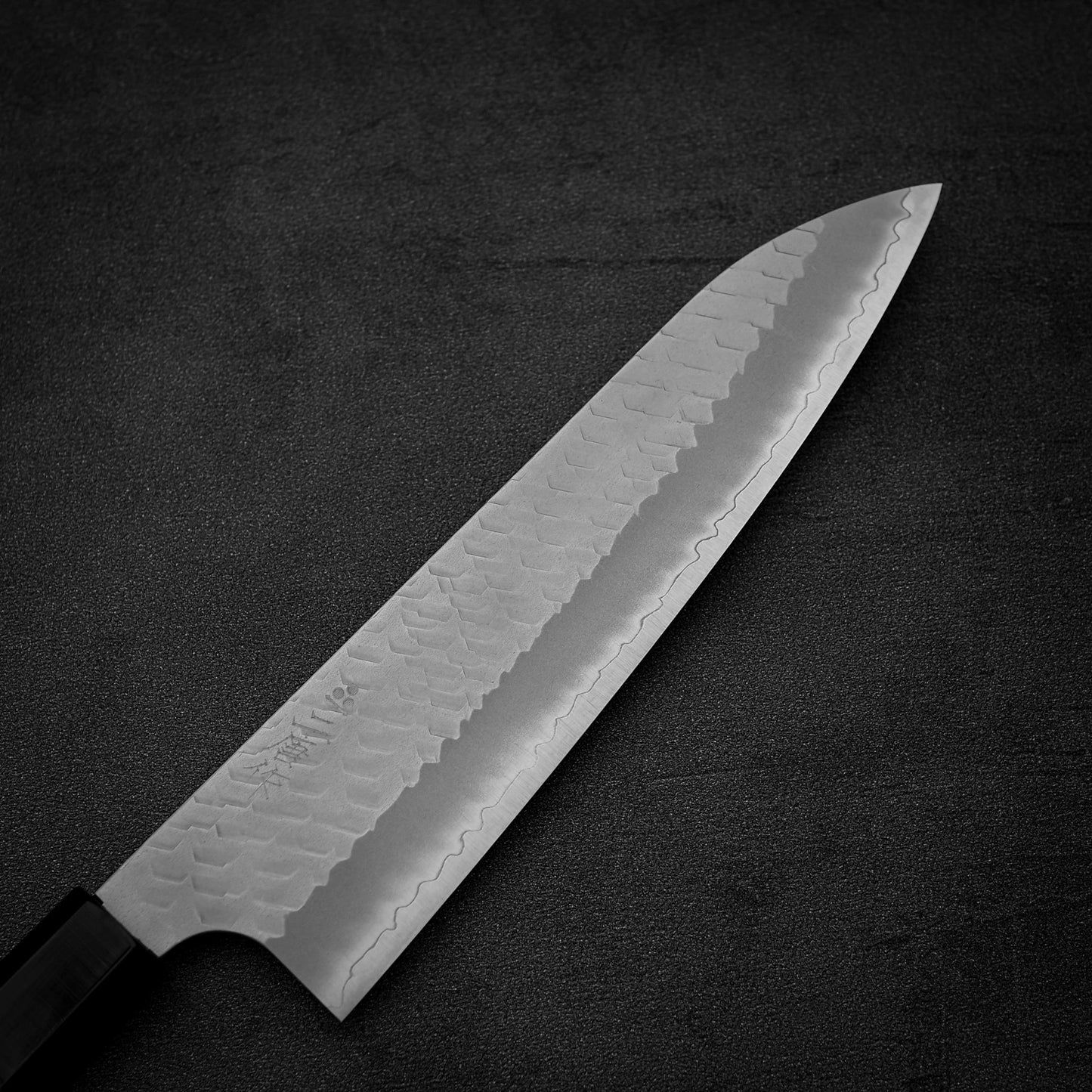 A close-up of the Nigara Hamono Nigara tsuchime SG2 gyuto 210mm, a Japanese chefs knife featuring a patterned SG2 steel blade and dark handle, displayed on a dark textured surface.
