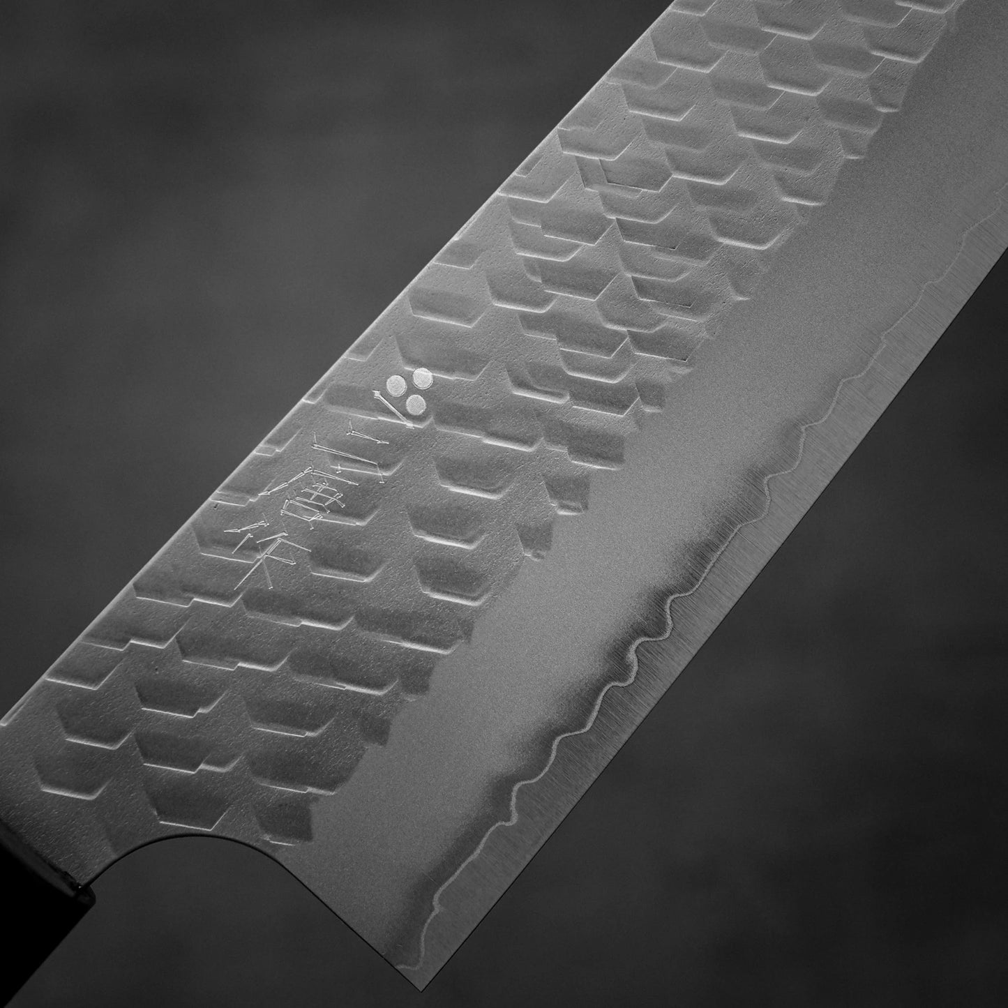 Close-up of the Nigara Hamono Nigara tsuchime SG2 gyuto 210mm blade, featuring a hammered pattern and engraved markings, set against a blurred dark background.