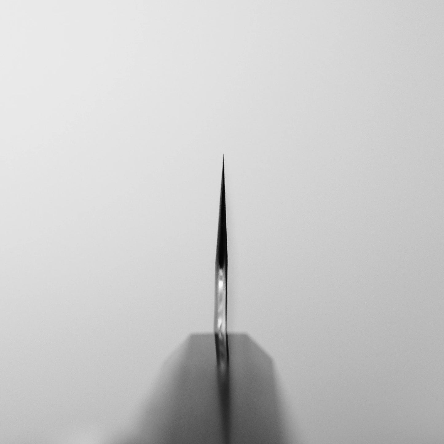 Close-up, centered shot of the Nigara Hamono Nigara tsuchime SG2 gyuto 210mm blade pointed at the camera, highlighting its sharp tip, precise edge, and distinctive tsuchime finish against a plain light background.