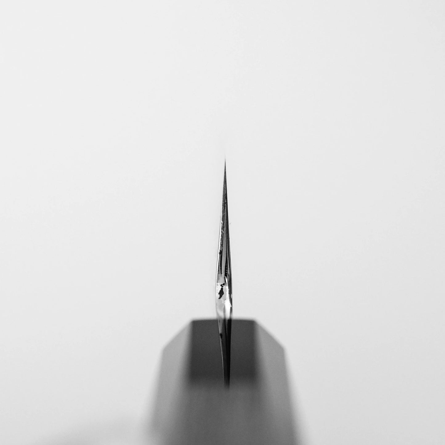 Close-up, top-down view of the Satoshi Nakagawa shirogami#3 honyaki kiritsuke gyuto 210mm blade, highlighting Japanese craftsmanship with its sharp edge vertically centered on a plain white background.