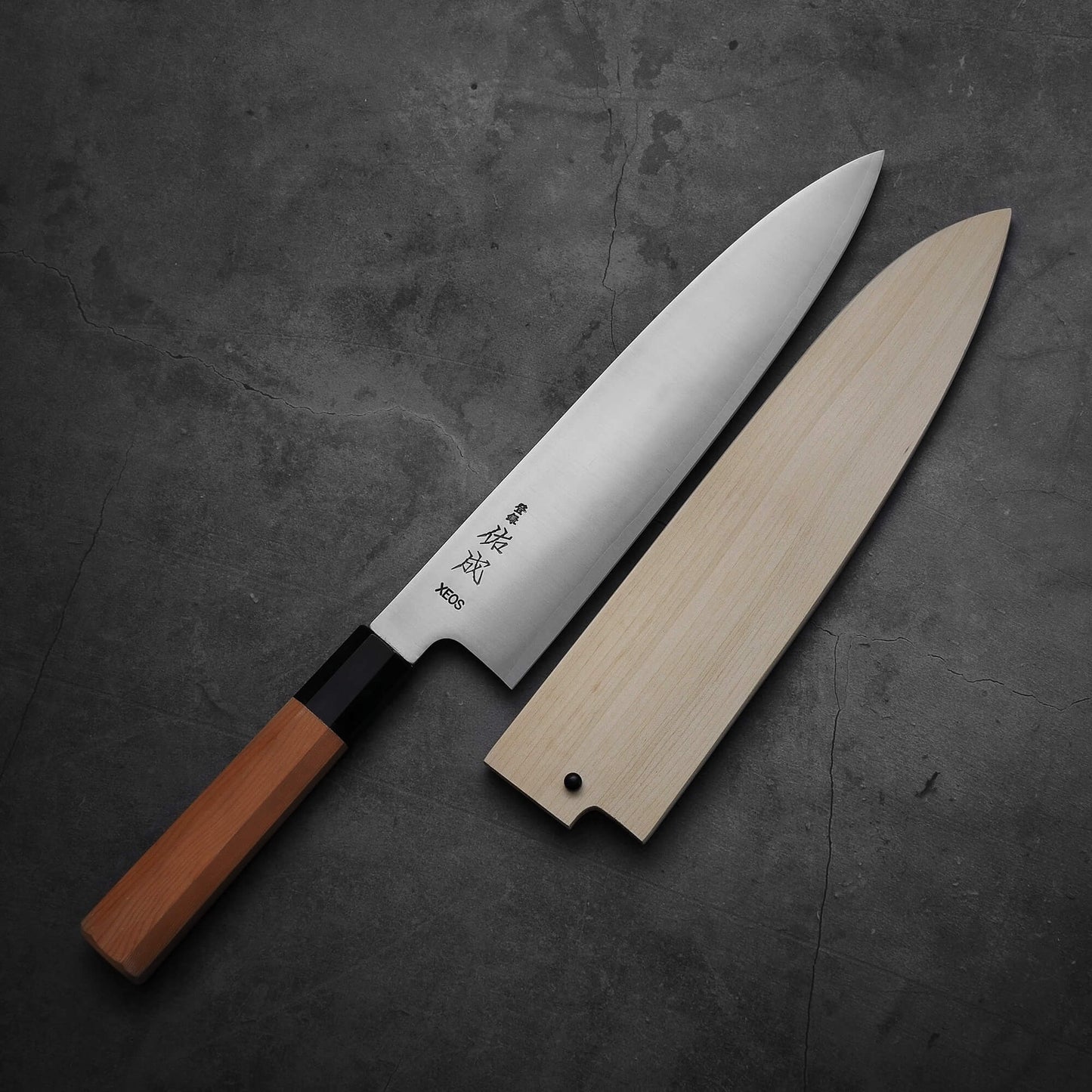 Top view of Sukenari XEOS gyuto 240mm with saya