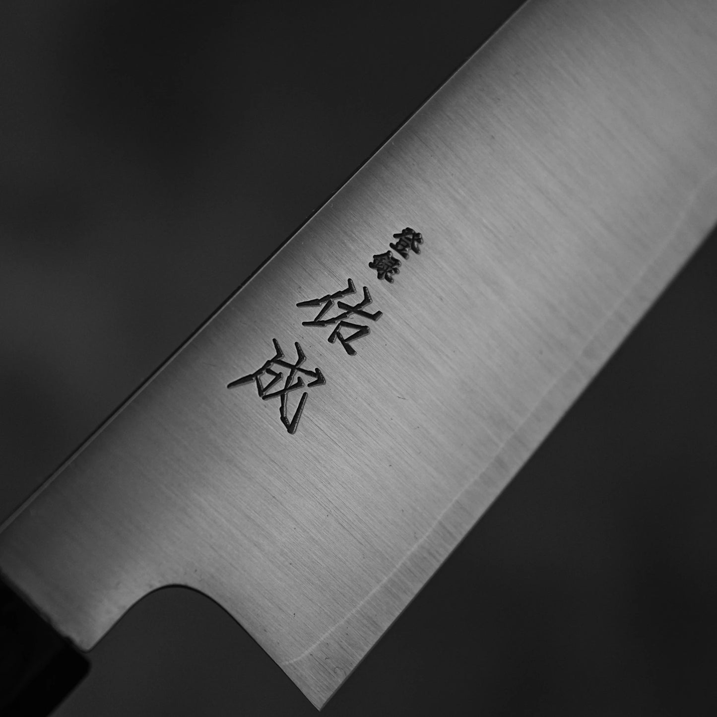 A close-up of the Sukenari SG2 210mm kiritsuke gyuto chef knife blade, featuring Japanese engravings and magnolia saya, crafted from premium SG2 steel by Sukenari, set against a dark, blurred background.