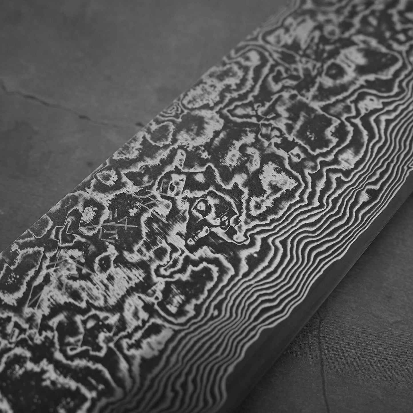 Another close up view of Takeshi Saji black damascus SG2 nakiri ironwood. Image shows around kanji