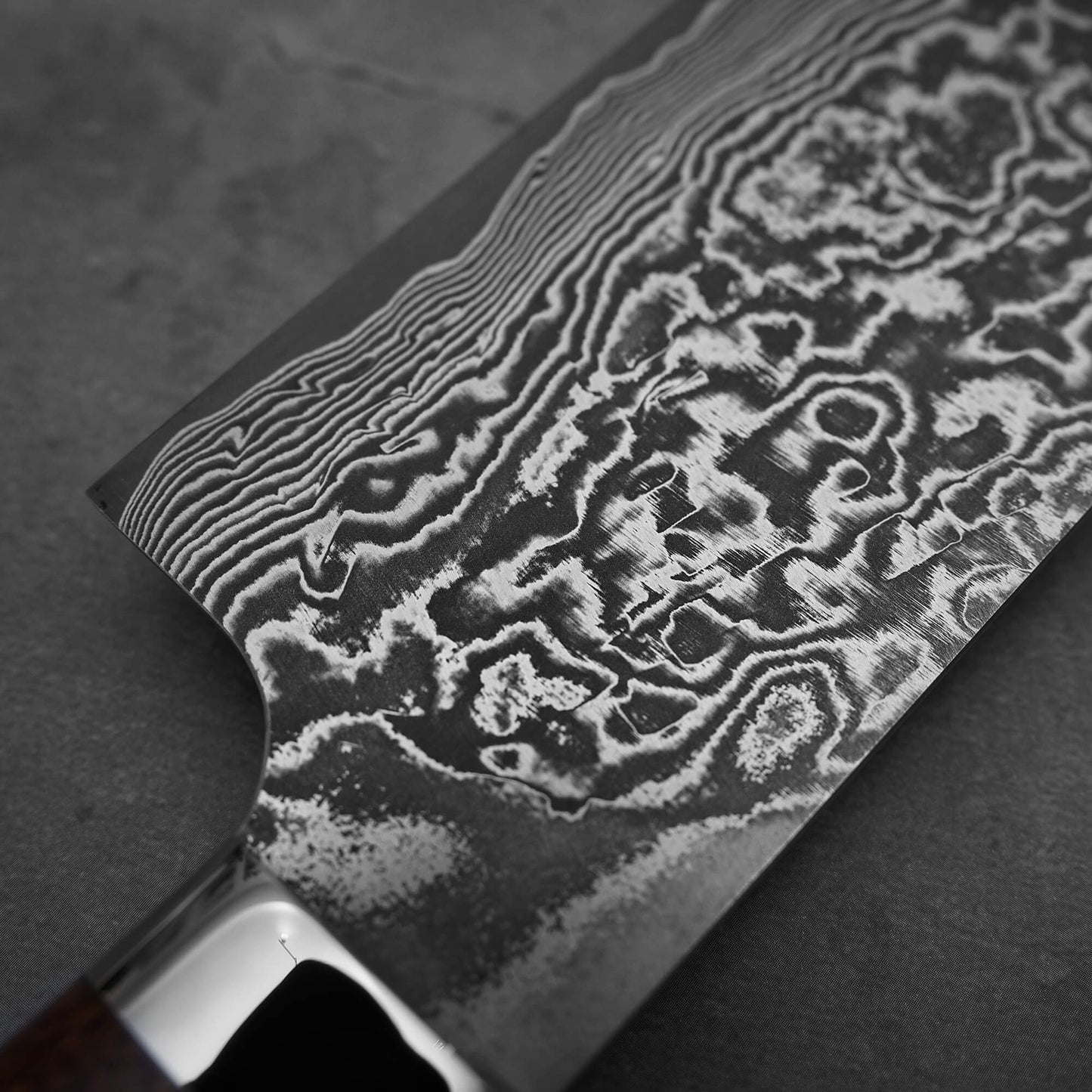 Close up view of the left side of Takeshi Saji black damascus SG2 nakiri ironwood