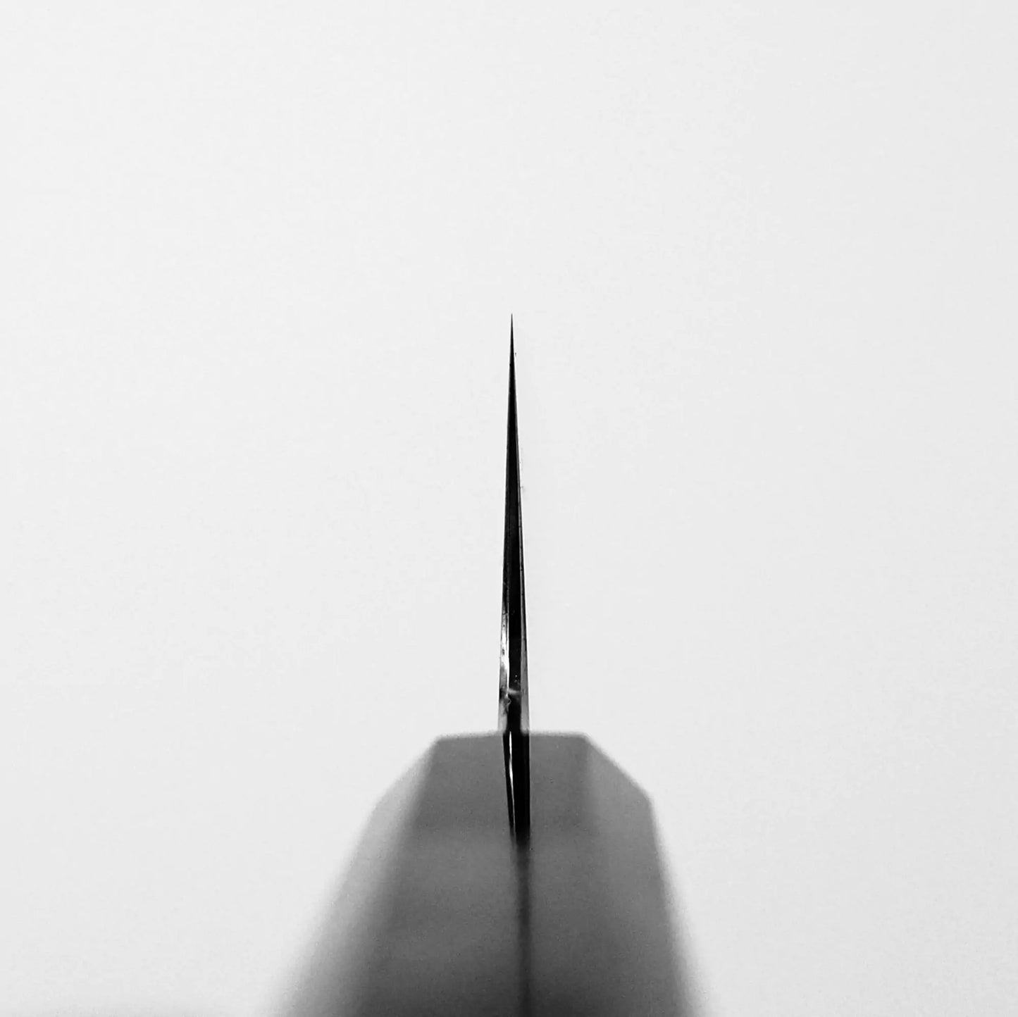Close-up of the Tetsujin kasumi ginsan gyuto 210mm blade edge, photographed from the tip and centered against a plain white background. The Tetsujin chefs knife looks sharp and symmetrical.